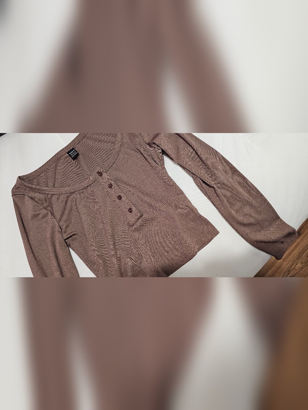 Ribbed Henley Button-Front Top in  Brown